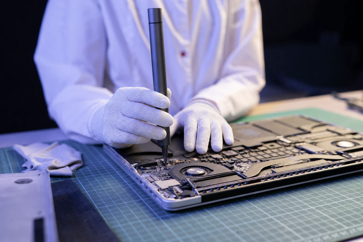 Techniker mit weißen ESD-Handschuhen repariert ein geöffnetes Notebook mit einem Präzisionsschraubendreher